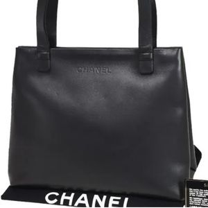 Authentic Chanel Black Lambskin Leather Shopper Tote Bag